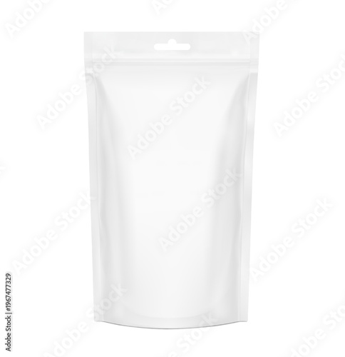 Realistic stand up pouch bag with hang slot mockup. Front view. Vector illustration isolated on white background. Ready for your design. EPS10.