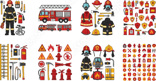 Set of 30 Firefighter and Fire Safety Vector Illustrations Featuring Fire Trucks, Firemen Gear, Fire Extinguishers, and Emergency Equipment for Safety and Emergency Services Designs