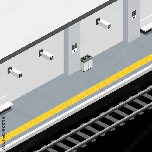 Isometric View of a Subway Platform with Tracks and Wall.