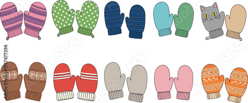 Variety of colorful winter mittens with playful patterns stripes polka dots and cozy designs