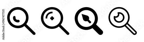 Minimalist magnifying glass icon set, 4 black linear search symbols, vector loupe illustrations for web interface and data discovery
