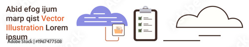 Data storage, cloud computing, digital organization, task management, information access, technology workflow. Cloud icons with clipboard and download graphics. Cloud computing and data storage