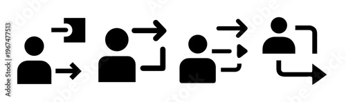 Business workflow icons showing task delegation and assignment with arrows.