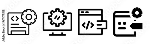 Icons depicting automation and scripting on computer screens and browser windows with gears.