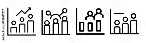 Minimalist business growth icons, set of 4 line art charts, demographic data visualization graphics, black and white vector infographics