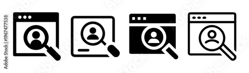 User search icons set, human resource recruitment symbols, profile magnifying glass web browser UI elements, 4 black vector SVG graphics