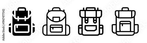 Minimalist backpack icon set, 4 travel bag vector symbols, black outline and solid rucksack illustrations for hiking and school apps