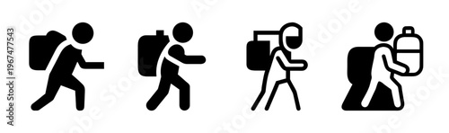 Hiker icon set with backpacker symbols, walking person with rucksack silhouettes, outdoor adventure and trekking signs, 4 black SVG icons