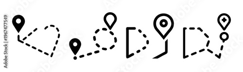 Set of five abstract route icons with pins for travel and navigation.