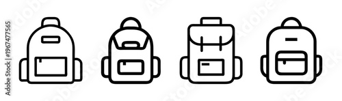 Collection of four simple backpack and rucksack icons in outline style.