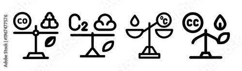 Icons depicting scales balancing CO2, temperature, and water drops with leaves.