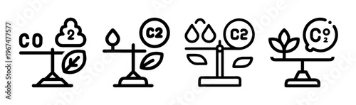 Carbon neutral icons set, CO2 balance and net zero emissions symbols, environmental sustainability line art graphics for green energy