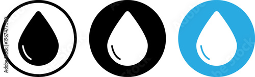 Three distinct water droplet icons in black and blue color schemes