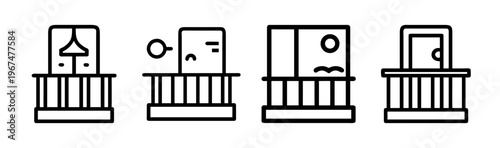 Set of four balcony icons with different views and styles, minimalist vector art.