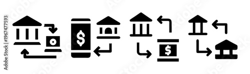 Bank transfer icons showing money movement between banks and mobile devices.