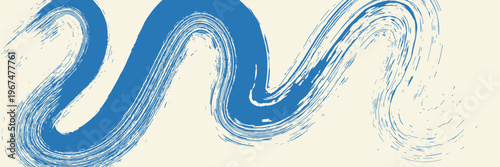 Grunge grainy blue brush stroke with spray texture. Hand drawn distress damaged vintage banner with zigzag bold line. Rough thick brush stroke texture. Spray paint effect vector background.