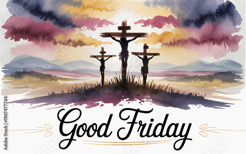 Good friday illustration with the crucifixion of jesus and three crosses with son of god with religious holiday