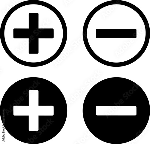 Four variations of plus and minus symbols within circular buttons