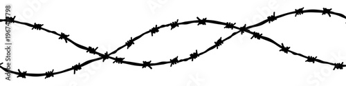 Barbed wire silhouette border, barbwire fence isolated on transparent background. Hand drawn twisted razor wire barrier in black for security, prison, border, war, restriction, danger concepts.