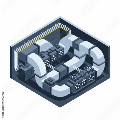 Isometric HVAC System Illustration - Ductwork, Fans, and Ventilation.