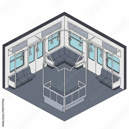Isometric View of a Subway Car Interior with Seating.