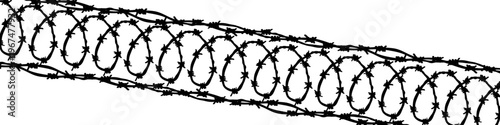 Black seamless coiled barbed wire silhouette. Horizontal concertina razor wire border isolated on white. Vector graphic element for security, prison, military boundary, danger, restricted area concept