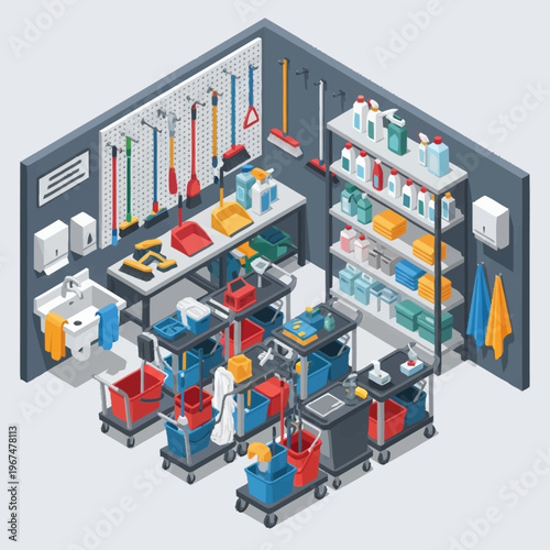 Isometric Cleaning Supply Room with Mops, Buckets, and Cleaning Products.