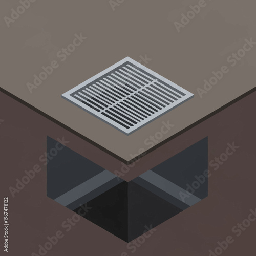 Isometric View of a Square Floor Drain with Grate.