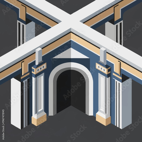 Isometric architectural structure featuring an archway and crossing beams.