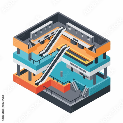 Isometric View of a Multi-Level Public Transportation Hub.