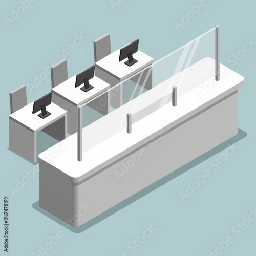 Isometric View of Bank Teller Stations with Protective Barriers.
