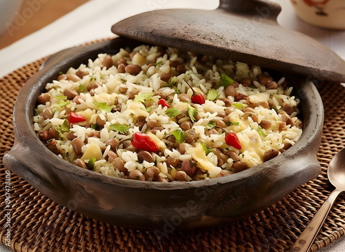 Baião de dois - Brazilian Traditional Food. A typical dish from northeastern Brazilian cuisine, made with rice, beans, meat, cream cheese, and biquinho peppers.