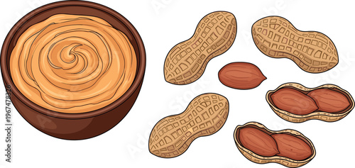 Vector Illustration of Peanut Butter in a Bowl, Whole and Shelled Peanuts for Food, Snack, and Healthy Nutrition Designs