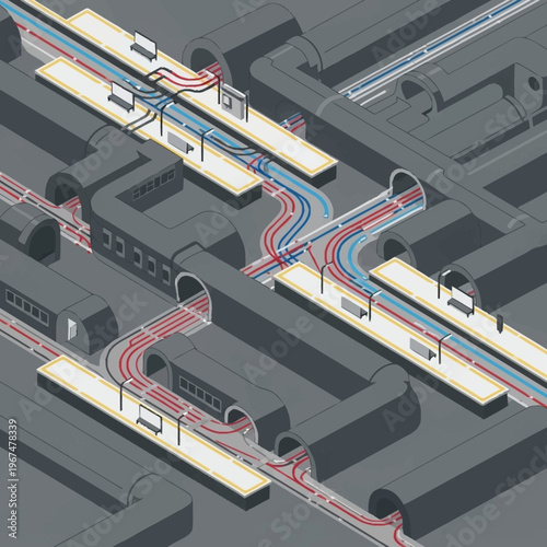 Isometric Subway System Illustration with Interconnected Tunnels and Platforms.
