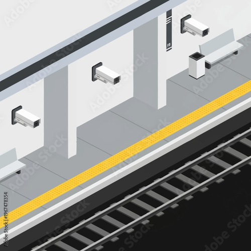Isometric Subway Platform with Security Cameras and Bench Seating.