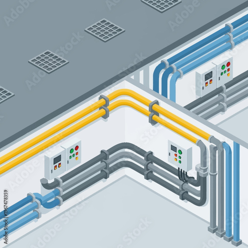 Isometric View of Industrial Electrical Wiring and Conduit System.