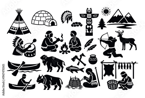 Native American culture collection with symbols, people hunting, fishing, drumming, cooking, and traditional dwellings like teepee and igloo