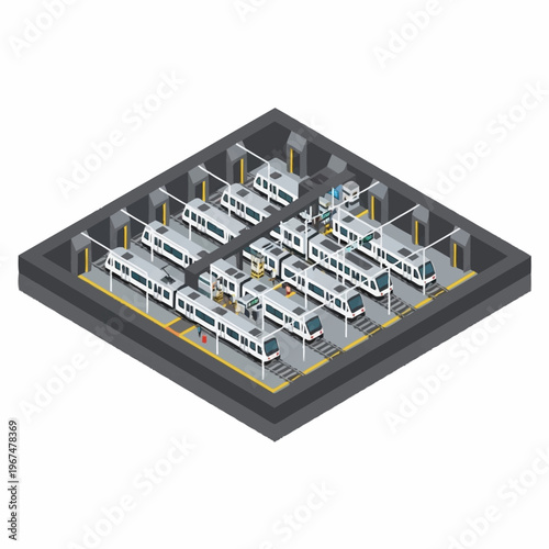 Isometric View of a Subway Depot with Multiple Trains.