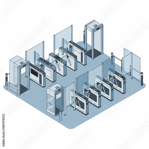Isometric Security Checkpoint Illustration with Metal Detectors and Turnstiles.