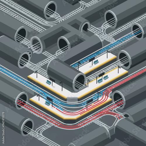 Isometric Underground Subway Station Illustration with Tunnels and Platforms.