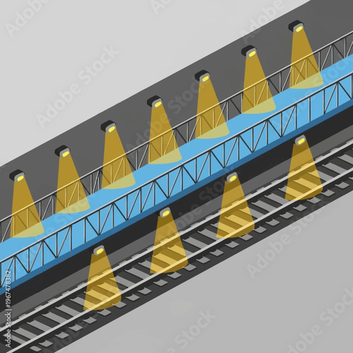 Elevated train tracks with illuminated walkway and lights.