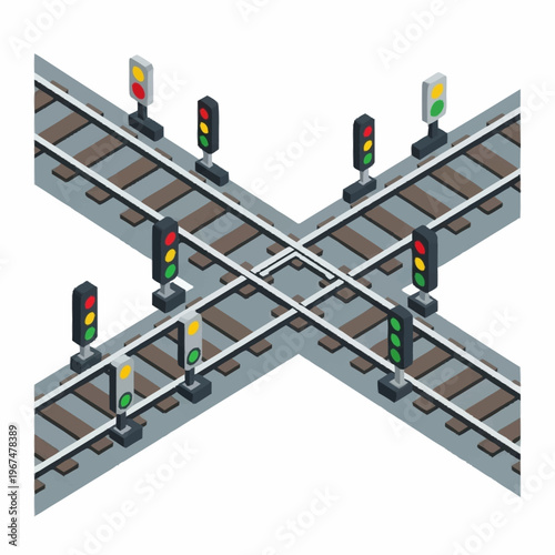 Foto Isometric Railway Intersection with Signals for Train Safety.