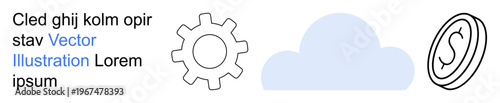 Cloud computing, technology solutions, financial transactions, data storage, business innovation, industry progress. Gear, cloud and currency symbols. Cloud computing and technology solutions