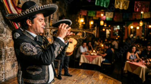 Latino male mariachi musician playing a golden trumpet on a wooden stage. Mexican performer in traditional suit and sombrero entertaining dining patrons inside a dimly lit restaurant