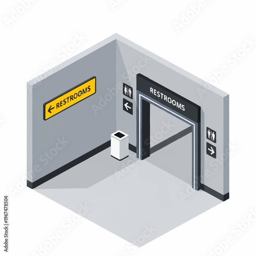 Isometric Restroom Entrance with Signage and Trash Bin Illustration.