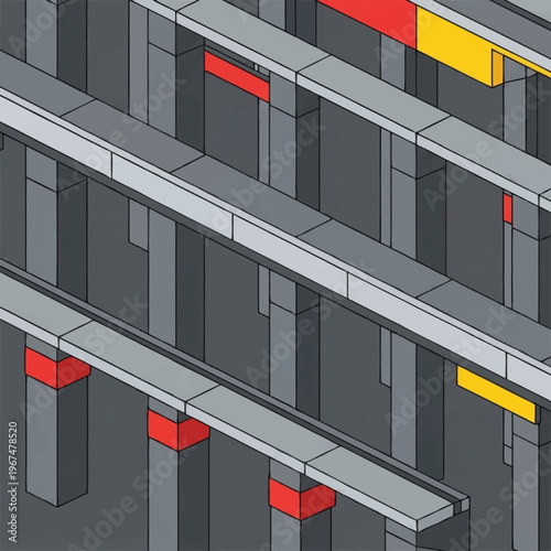 Isometric Abstract Structure with Red and Yellow Accents.