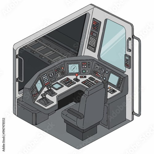Isometric Train Cabin Interior with Control Panel and Seat.