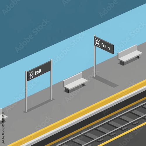Isometric Train Station Platform with Exit and Train Signs.