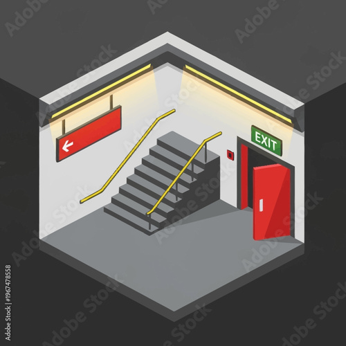 Isometric View of Subway Exit with Stairs and Red Door.