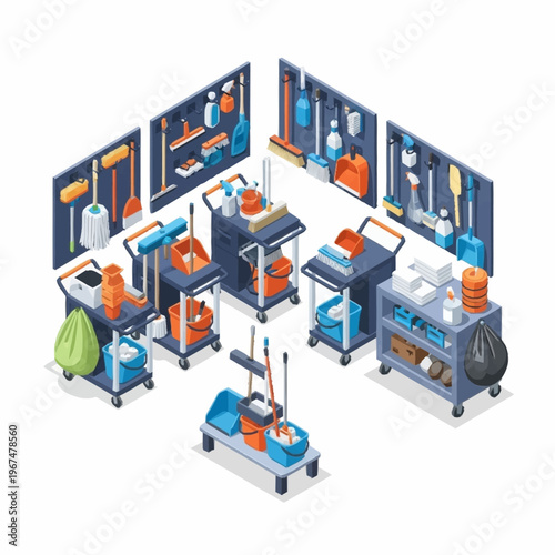 Isometric View of Cleaning Carts and Supplies for Janitorial Services.
